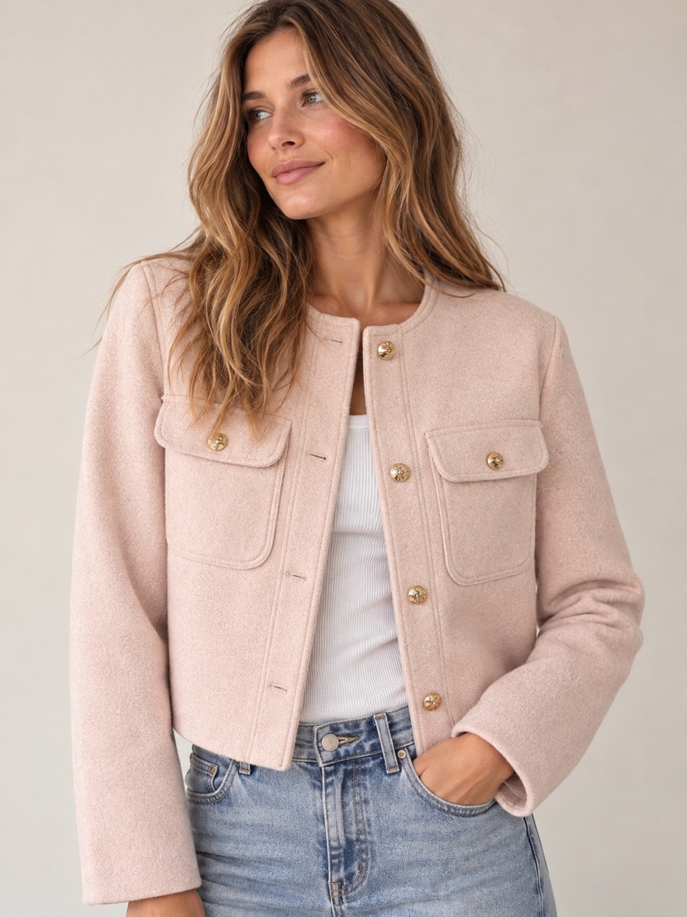 Zara Women's Blush Pink Cropped Jacket Gold Buttons Size XS